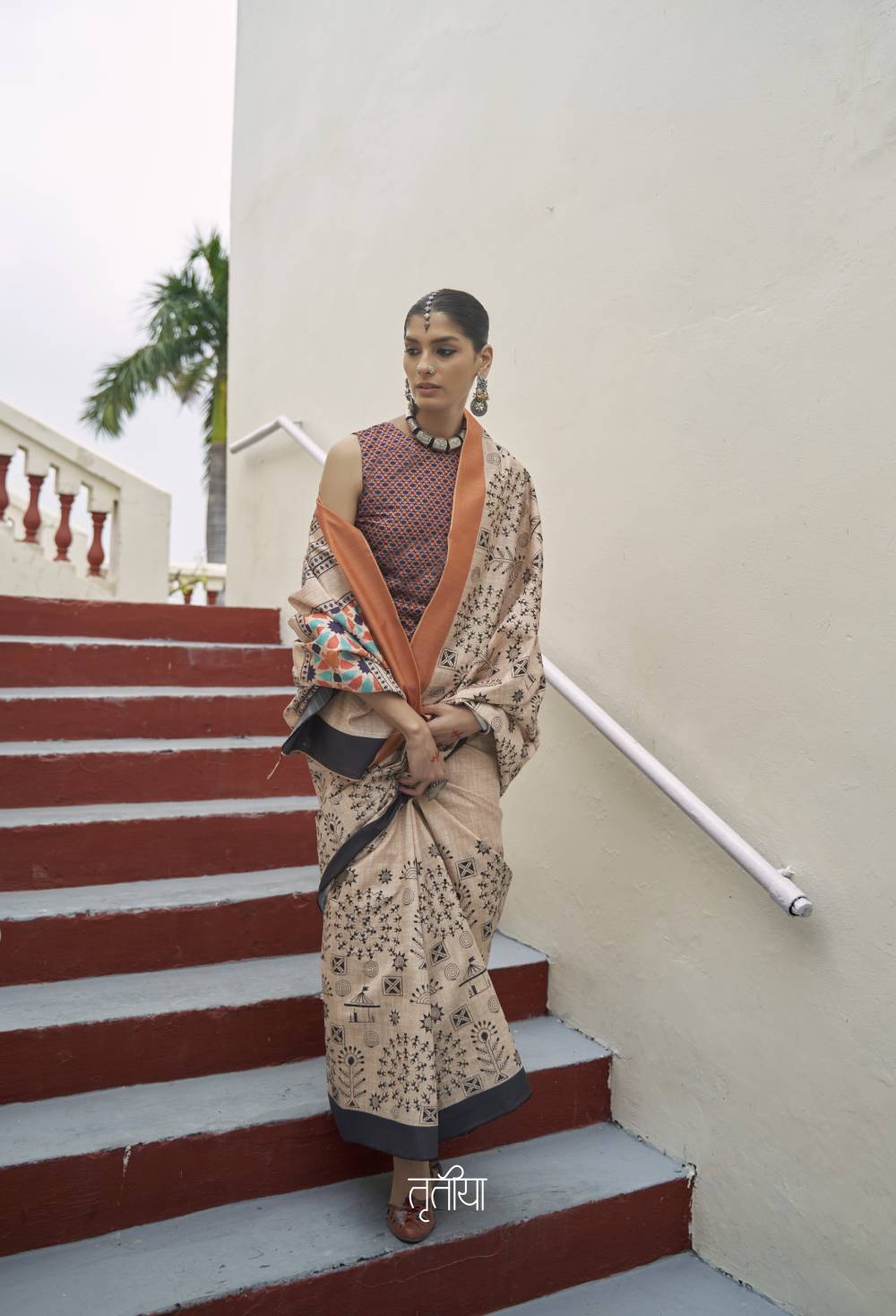 Light Brown And Black Border Printed Mikora Silk Saree