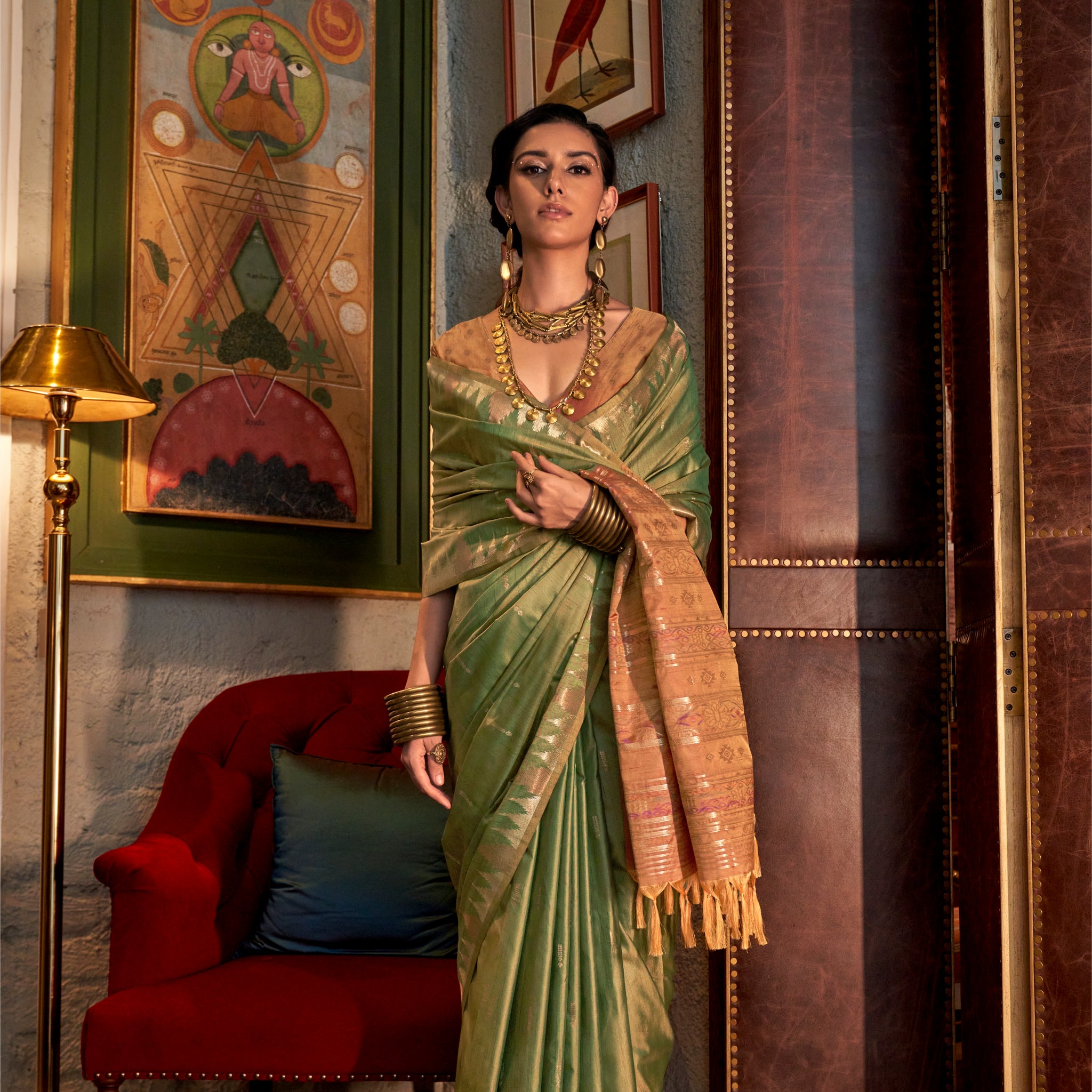 Contessa Ethnic Design Zari Banarasi Saree - Sea Green