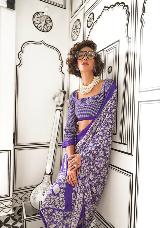 Ajrakh Printed Satin Saree - Purple