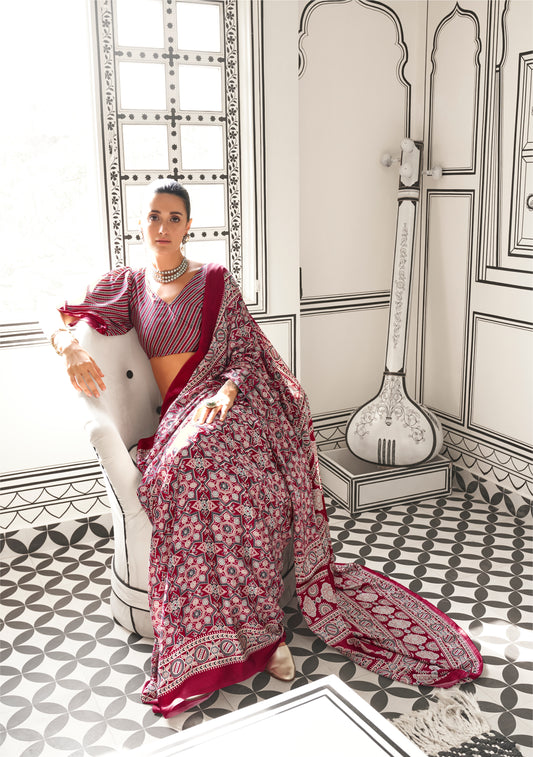 Ajrakh Printed Satin Saree - Red