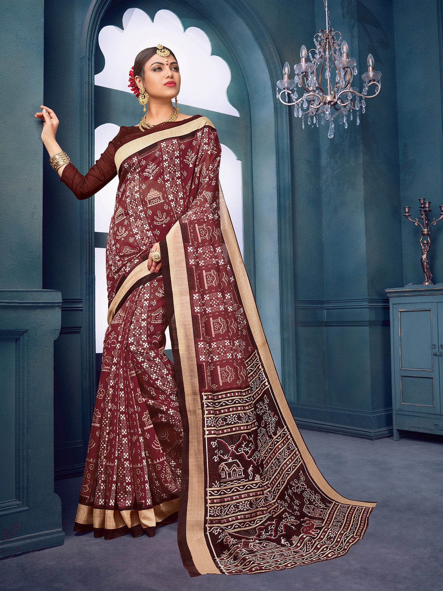 Women's Bhagalpuri Silk Printed Designer Saree with Unstitched Blouse -  Brown