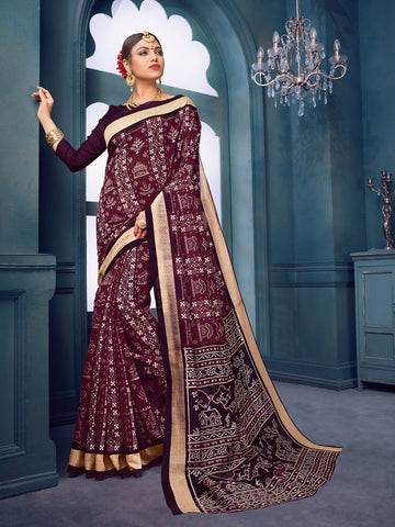 Women's Bhagalpuri Silk Printed Designer Saree with Unstitched Blouse - Dark Brown