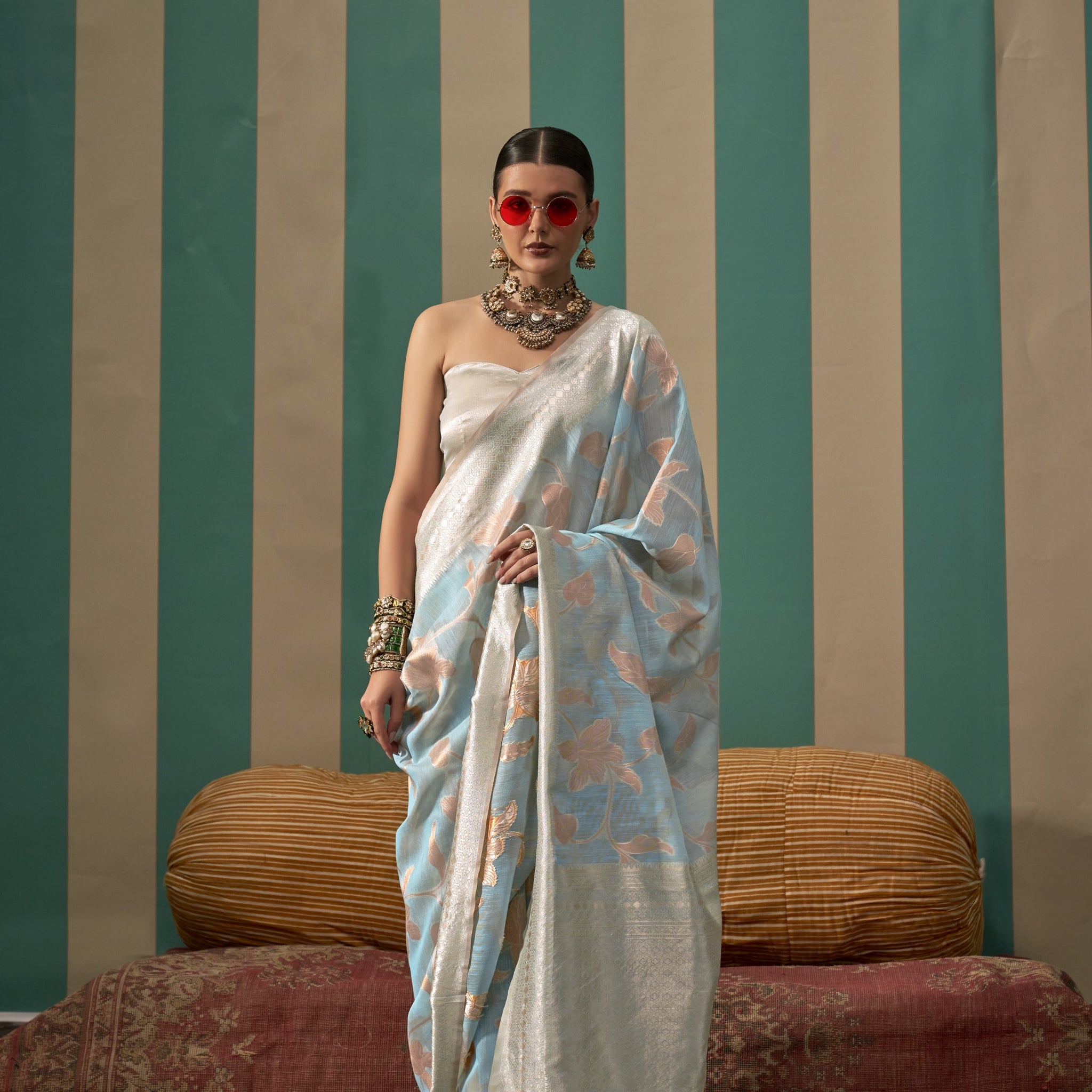 Linen Floral Zari Saree - Mist Blue