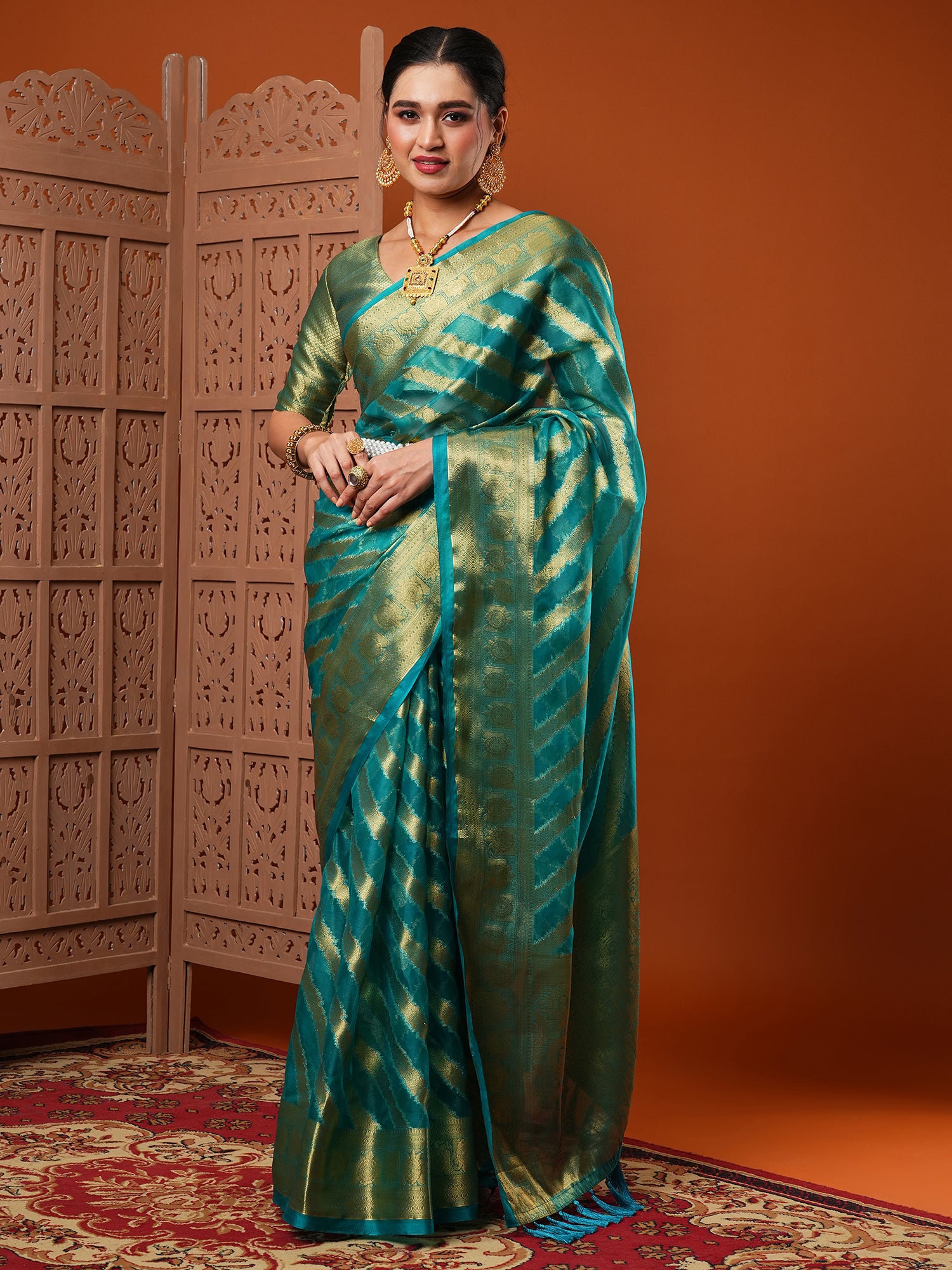 Women's Woven Banarasi Organza Saree With Unstitched Blouse - Blue