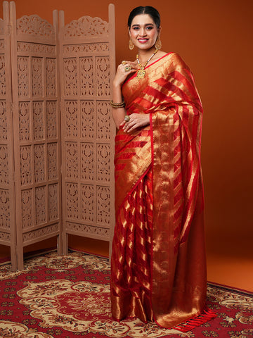 Women's Woven Banarasi Organza Saree With unstitched Blouse - Red