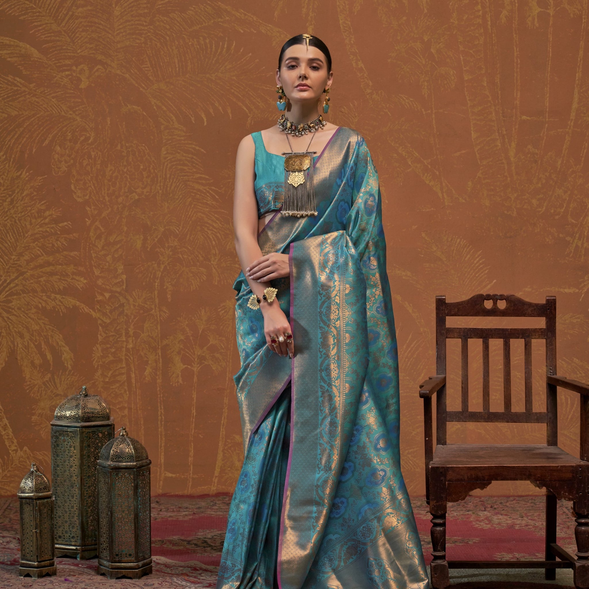 Ruby Zari Kanjeevaram Saree - Turquoise