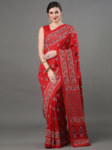 Women's Bhagalpuri Silk Printed Designer Saree with Unstitched Blouse -  Red