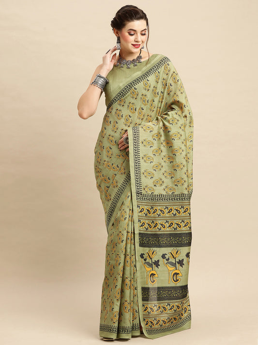 Women's Bhagalpuri Silk Printed Saree With Unstitched Blouse - Green