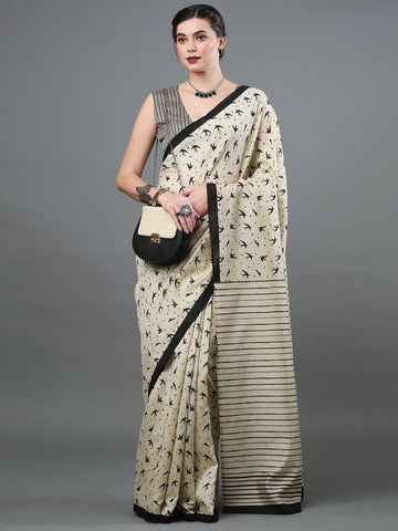 Women's Bhagalpuri Silk Printed Saree With Unstitched Blouse - Cream