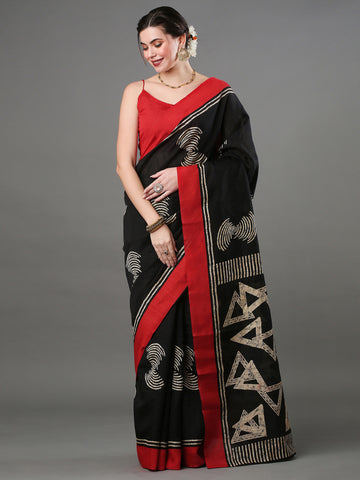 Women's Bhagalpuri Silk Printed Designer Saree with Unstitched Blouse - Black/Red