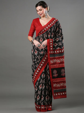 Women's Cotton Digital Printed Saree With Unstitched Blouse - Asphalt