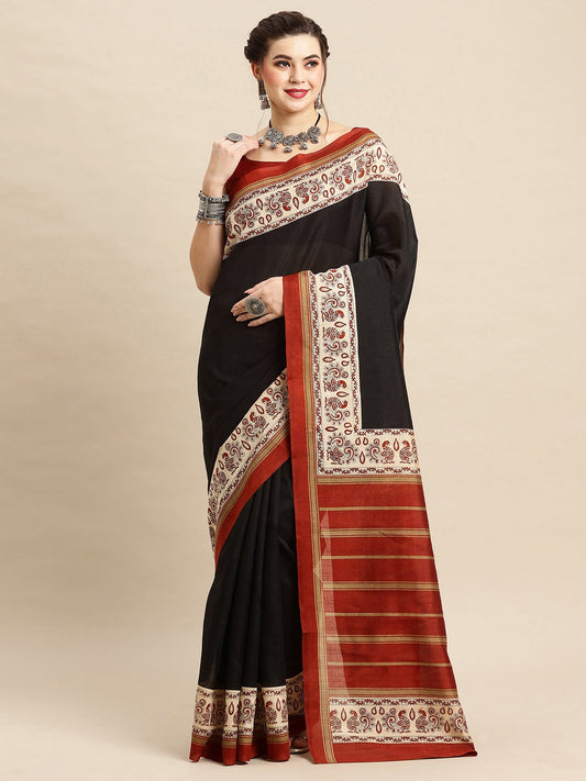 Women's Cotton Digital Printed Saree With Unstitched Blouse - Asphalt