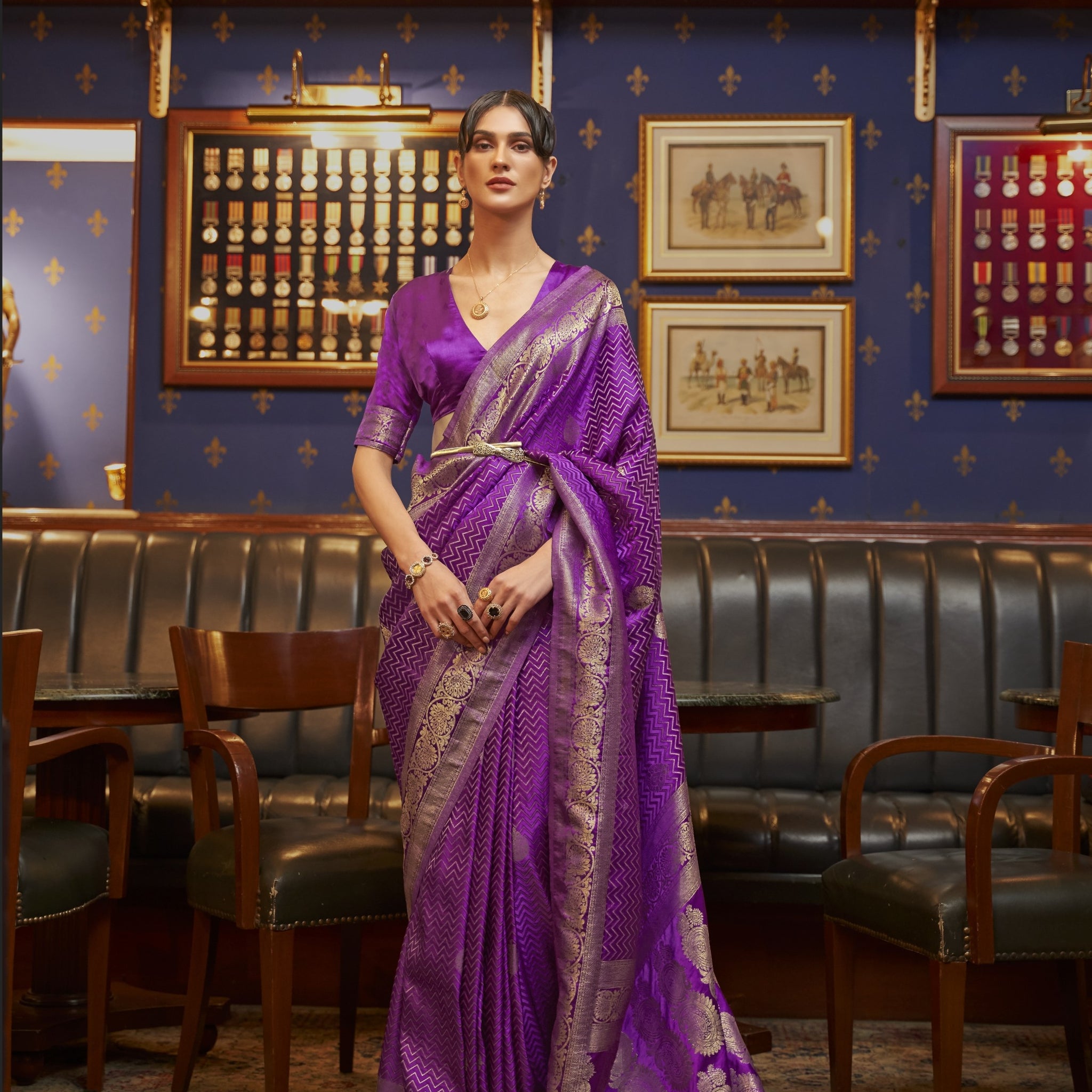 Azel Pure Satin Banarasi Silk Saree - Purple