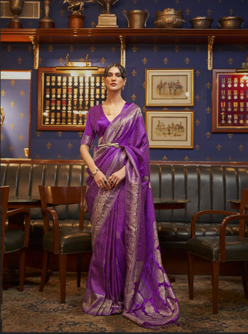 Azel Pure Satin Banarasi Silk Saree - Purple