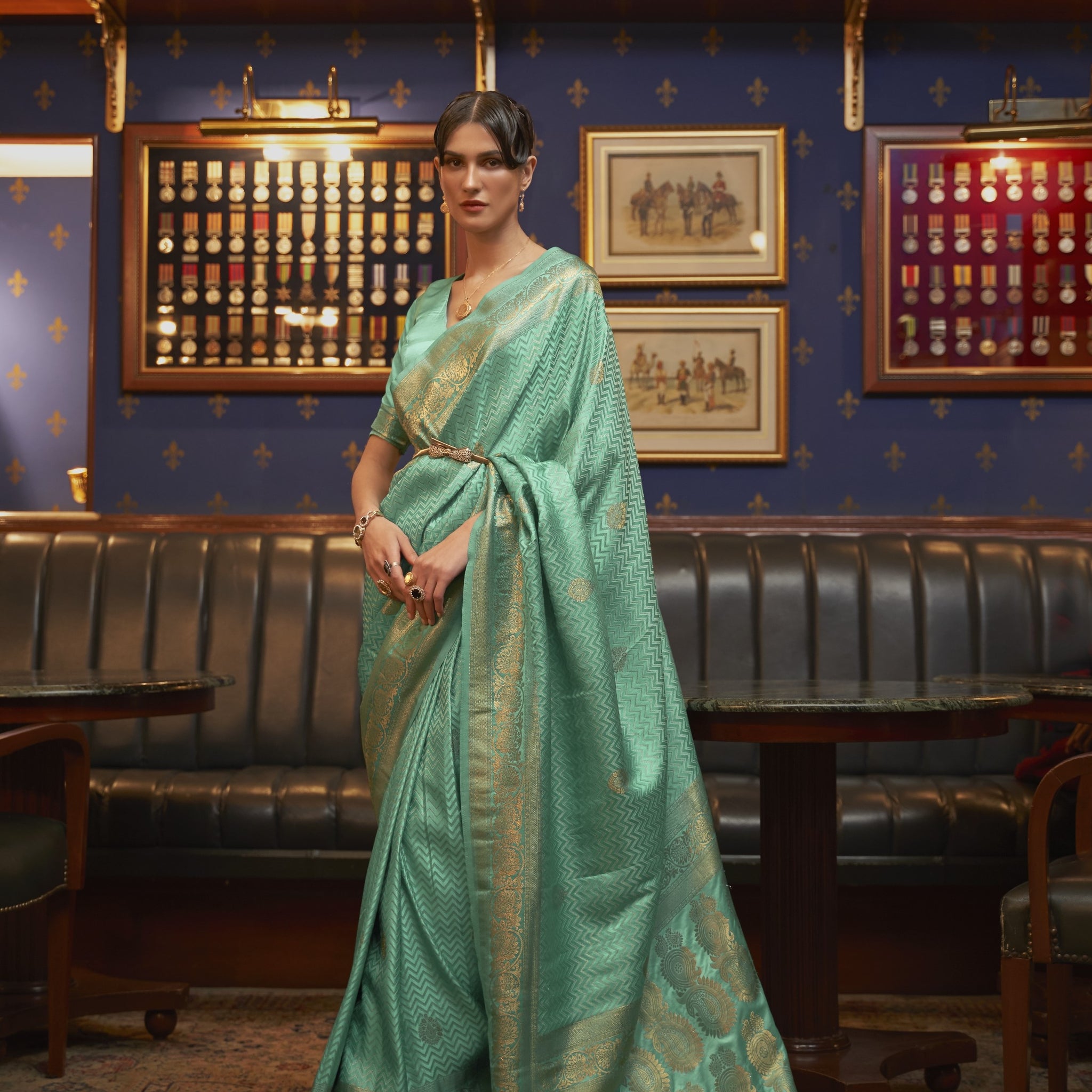 Azel Pure Satin Banarasi Silk Saree - Sea Green