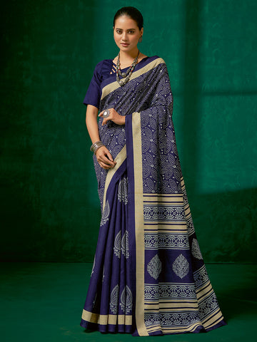 Women's Bhagalpuri Silk Printed Designer Saree with Unstitched Blouse - Navy Blue