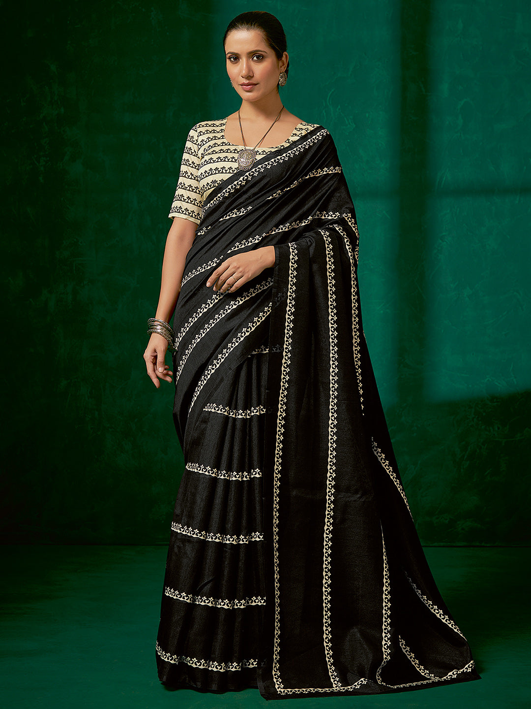 Women's Bhagalpuri Silk Printed Designer Saree with Unstitched Blouse - Black