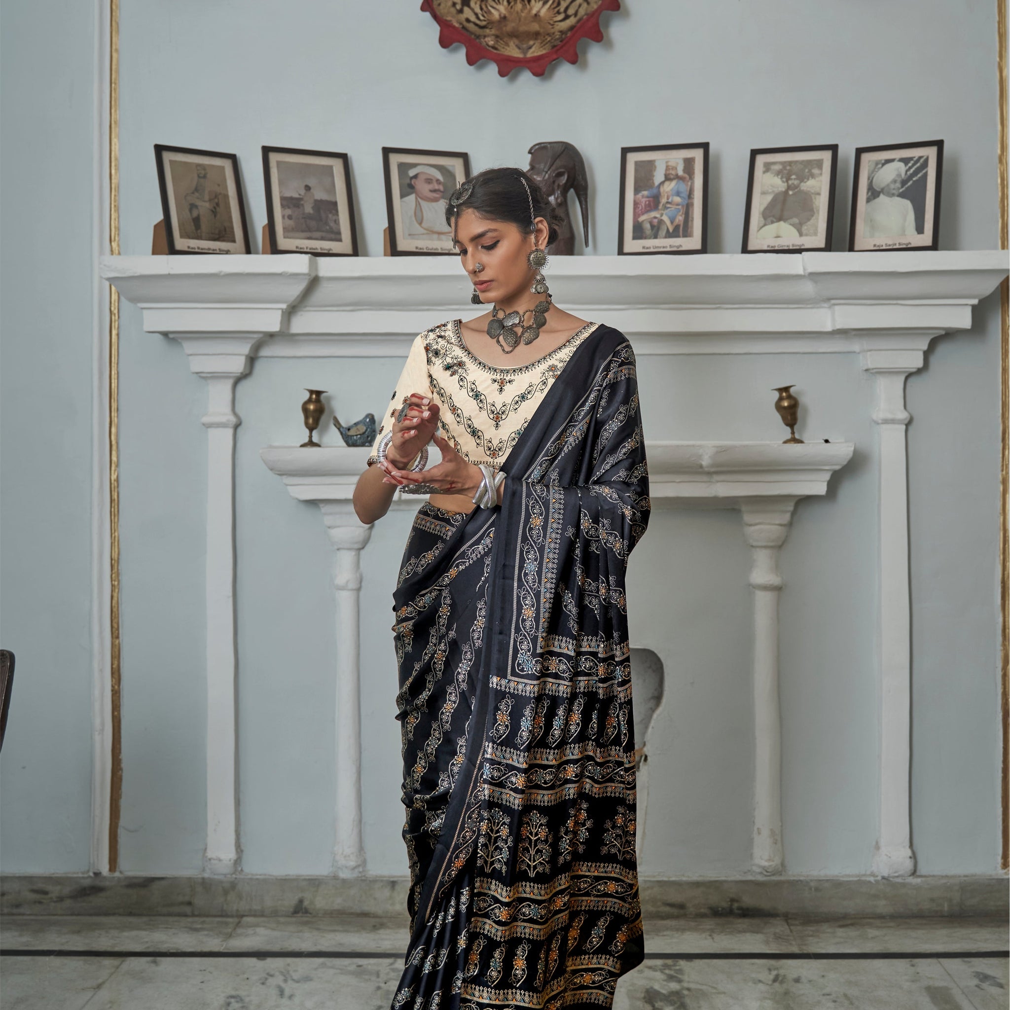 Black Achromatic Gajji Silk Printed Saree