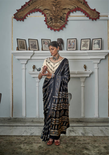 Black Achromatic Gajji Silk Printed Saree