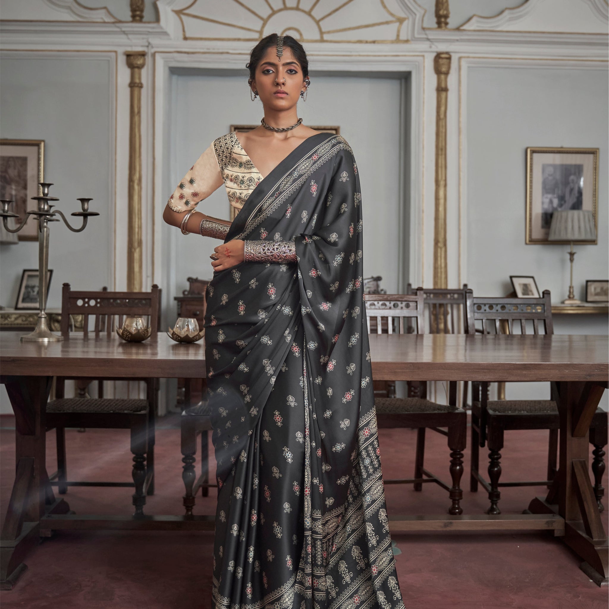 Dark Grey Achromatic Gajji Silk Printed Saree