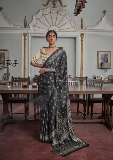 Dark Grey Achromatic Gajji Silk Printed Saree