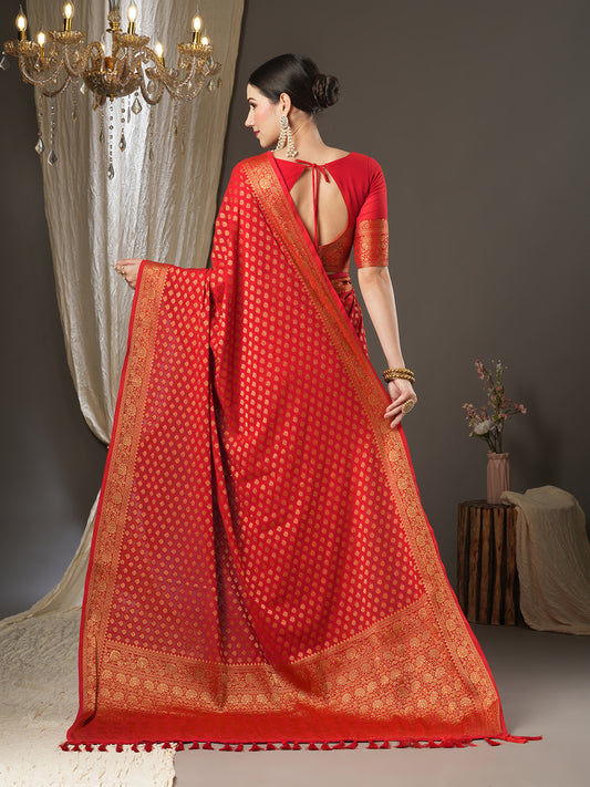 Women's Banarasi Woven Design Saree with Unstitched Blouse -  Red