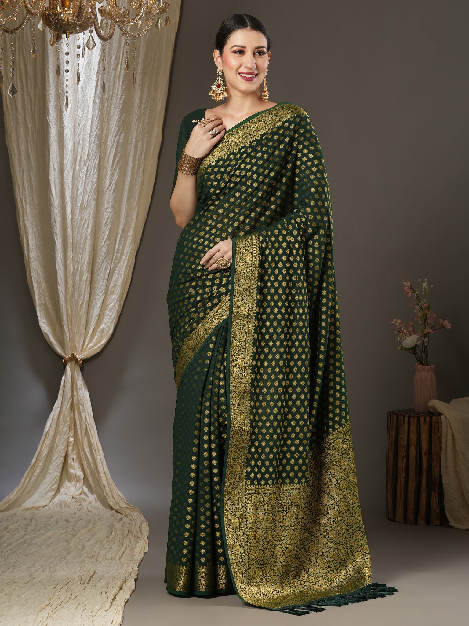 Women's Banarasi Woven Design Saree with Unstitched Blouse -  Green