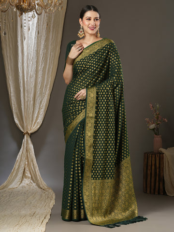 Women's Banarasi Woven Design Saree with Unstitched Blouse -  Green