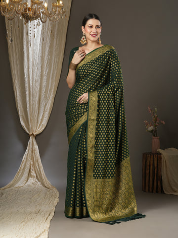 Women's Banarasi Woven Design Saree with Unstitched Blouse -  Green