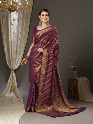 Women's  Woven Design Banarasi Silk Saree With Unstitched Blouse- Burgundy