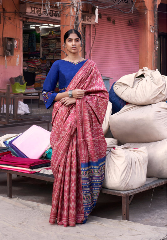 Blue Ikkat Print Saree With Embroidered Blouse Piece