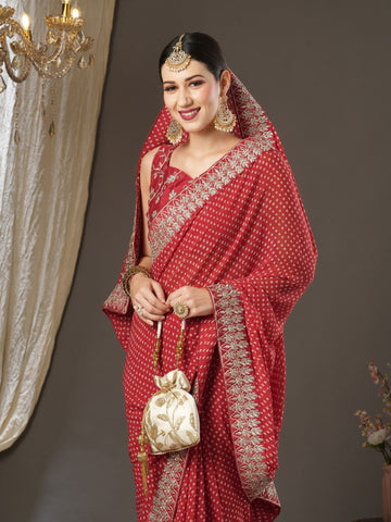 Women's  Bandhani Printed Saree With Unstitched Blouse -  Red