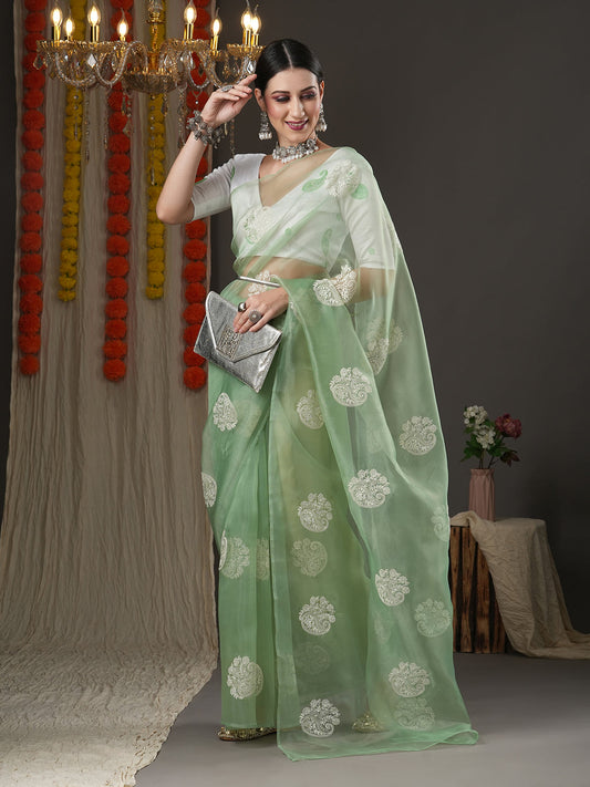 Women's Organza Embroidered Designer Saree with Unstitched Blouse - Turquoise