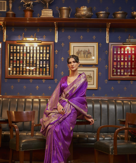 Azel Pure Satin Banarasi Silk Saree - Purple