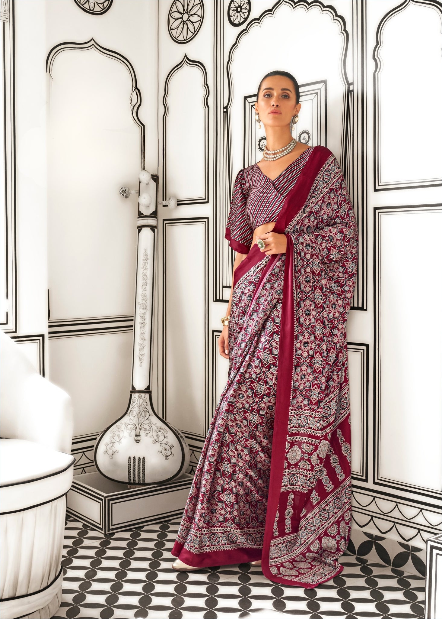 Ajrakh Printed Satin Saree - Red