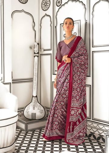 Ajrakh Printed Satin Saree - Red