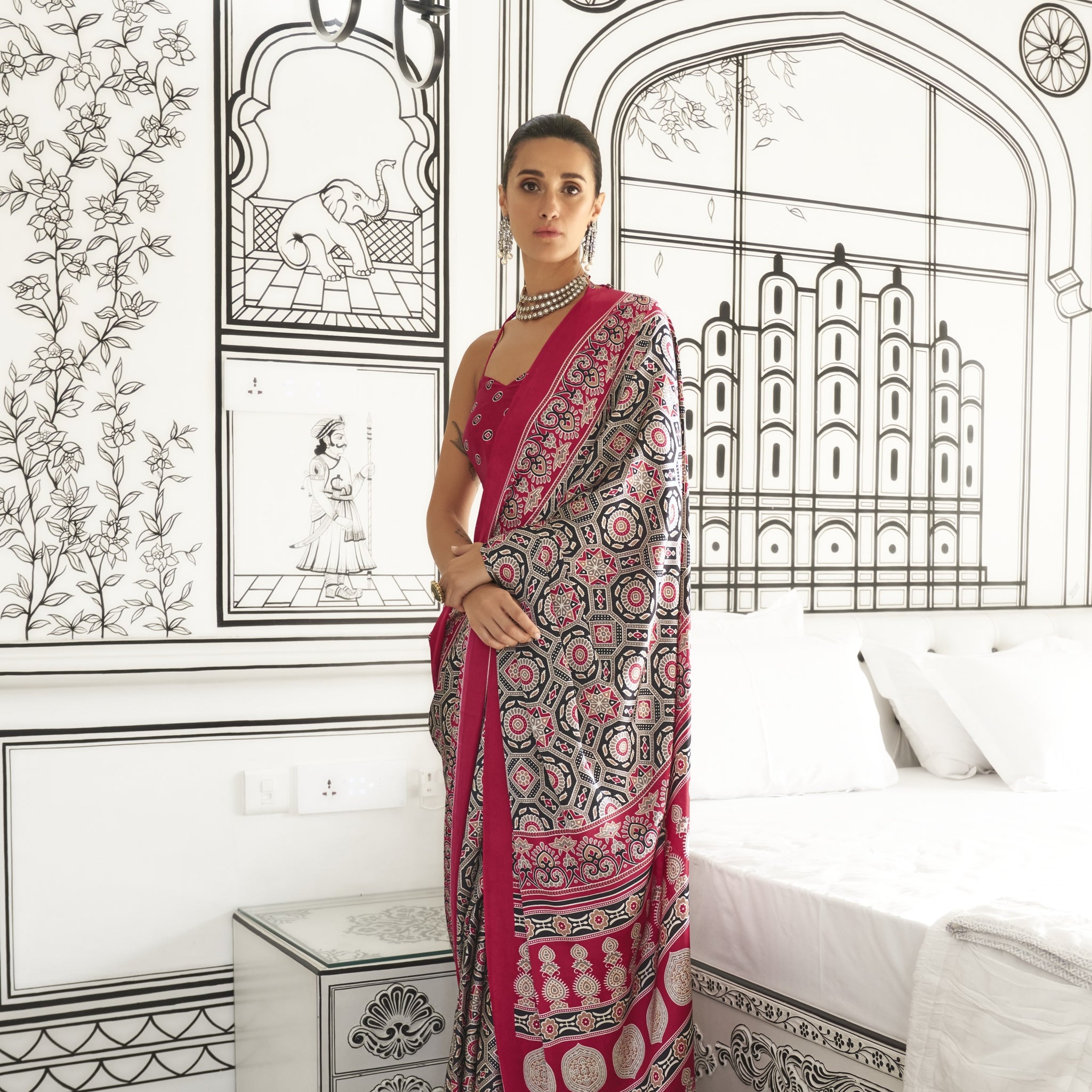 Ajrakh Printed Satin Saree - Multicolor