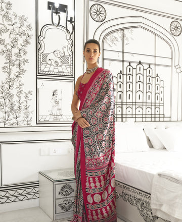 Ajrakh Printed Satin Saree - Multicolor