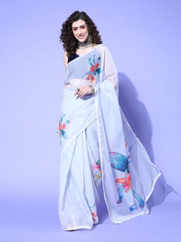 Floral Pattern Saree - Grey