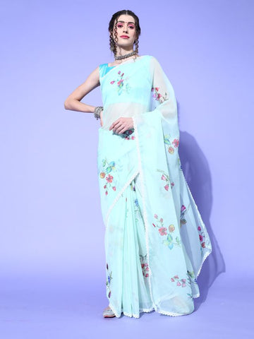 Floral Pattern Saree - Light Green