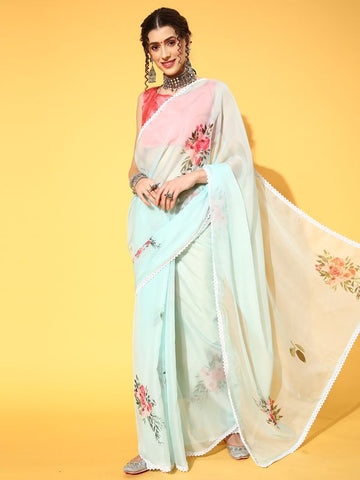 Floral Pattern Saree - Sea Green