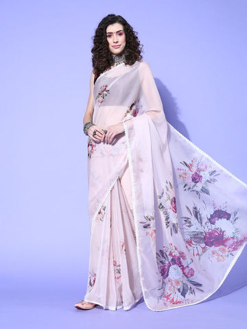 Floral Pattern Saree - Beige