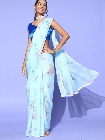 Floral Pattern Saree - Turquoise