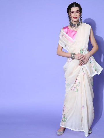 Floral Pattern Saree - Peach