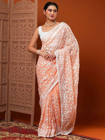 Women's Organza Embroidered Designer Saree With Unstitched Blouse - Peach