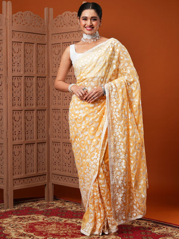 Women's Organza Embroidered Designer Saree With Unstitched Blouse - Yellow