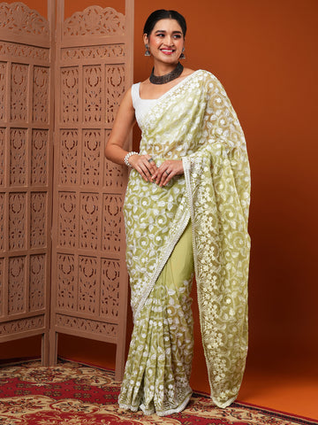 Women's Organza  Embroidered Designer Saree With Unstitched Blouse- Green