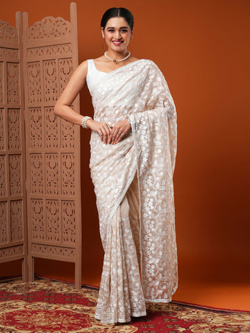 Women's Organza Embroidered Designer Saree With Unstitched Blouse -  Beige