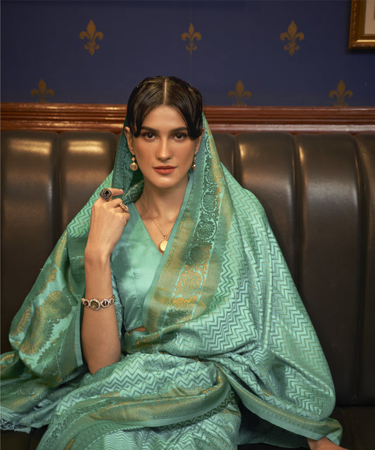 Azel Pure Satin Banarasi Silk Saree - Sea Green