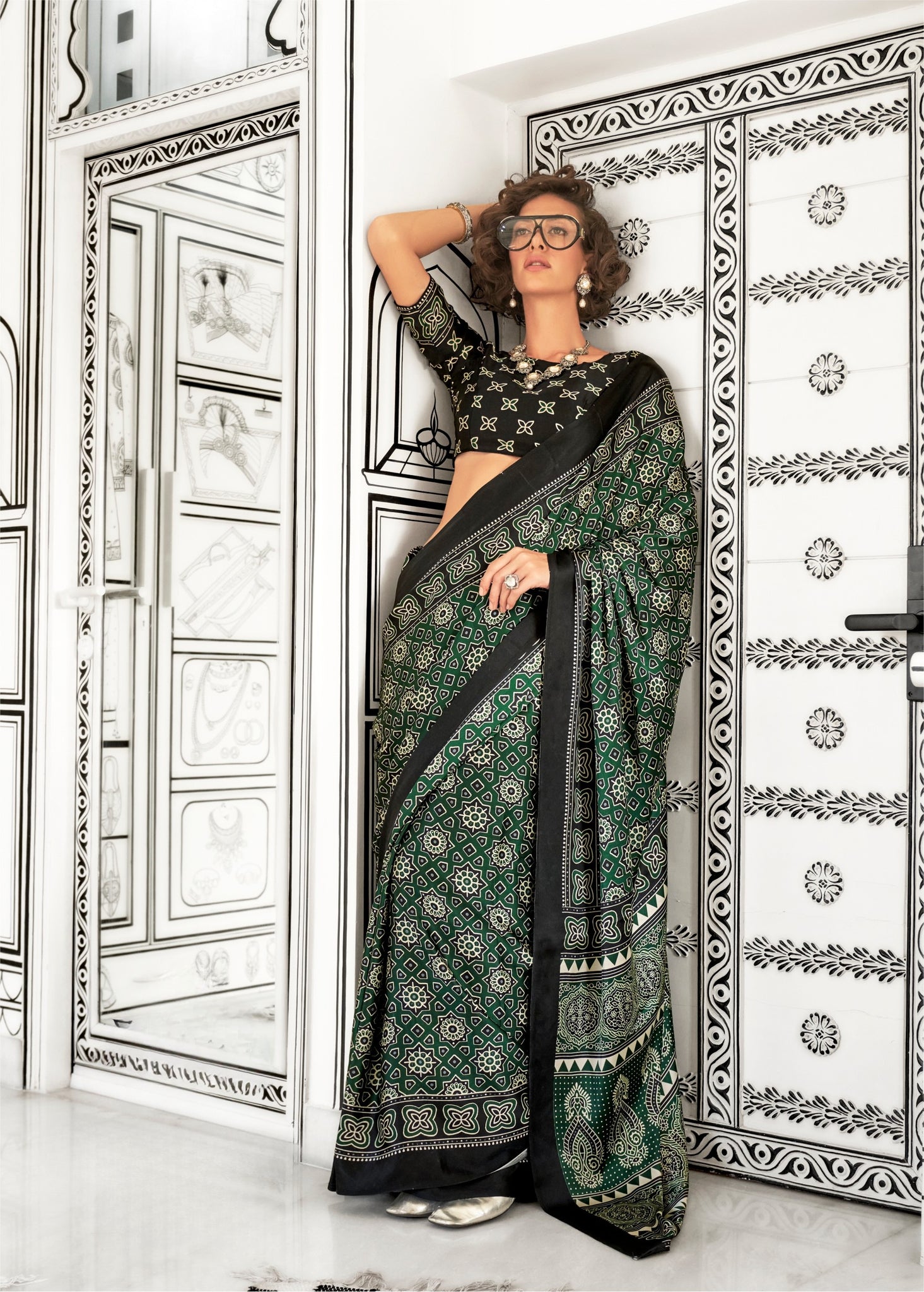 Ajrakh Printed Satin Saree - Green